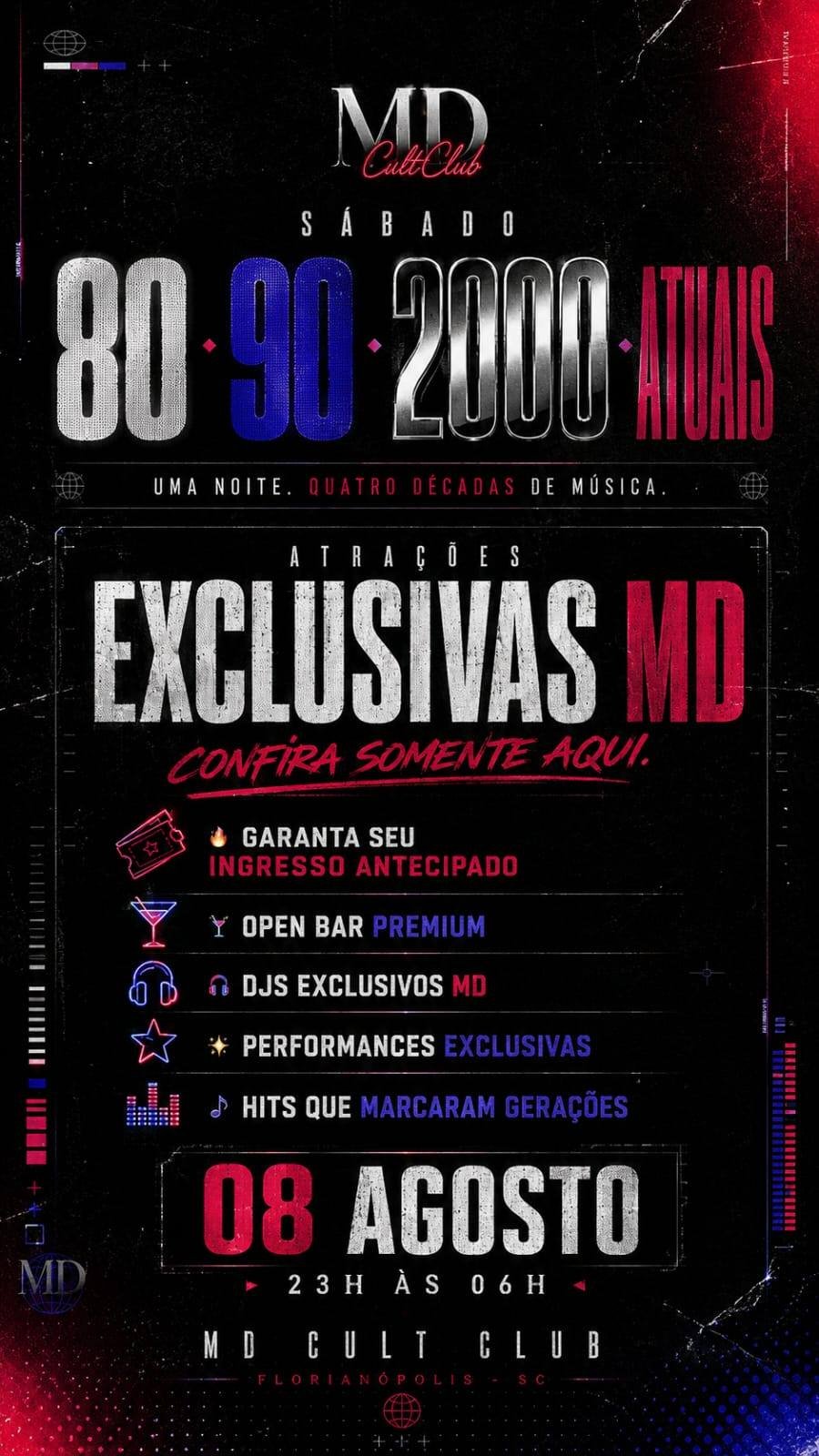 Cartaz do evento 80 · 90 · 2000 · Atuais