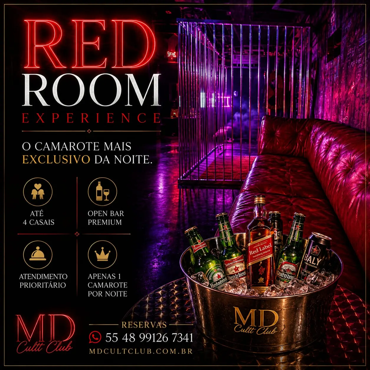 Detalhes do camarote Red Lounge na MD Cult Club